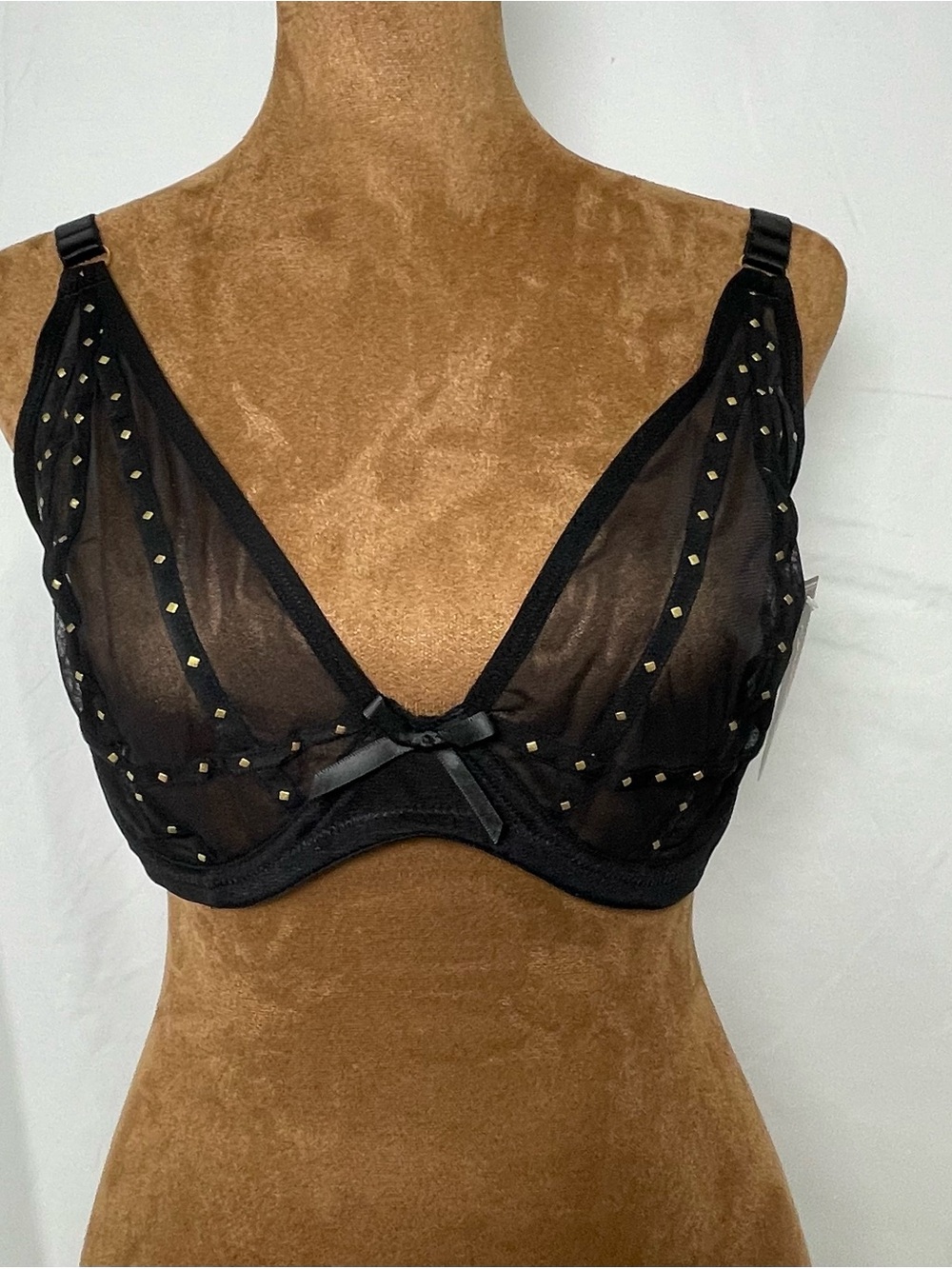 NWT Fredericks of Hollywood Black Sheer Studded Underwire Bra 34F